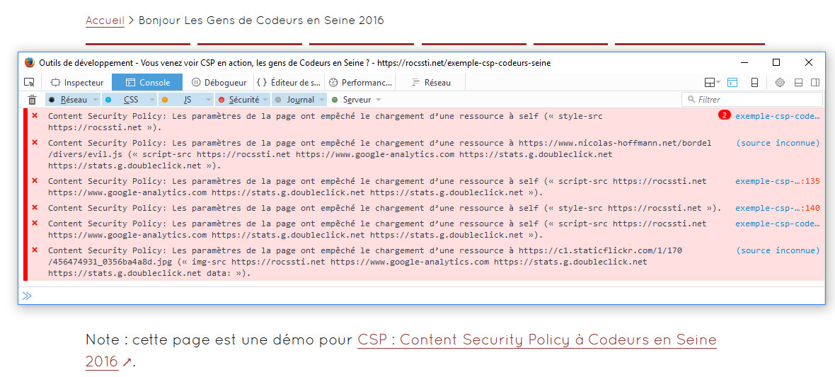 Notifications dans la console (exemple sous Firefox)